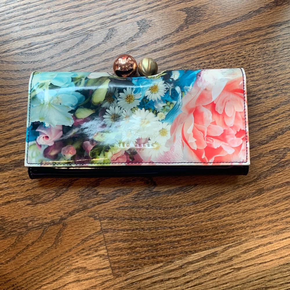 Ted Baker London floral patent leather fold over clasp wallet